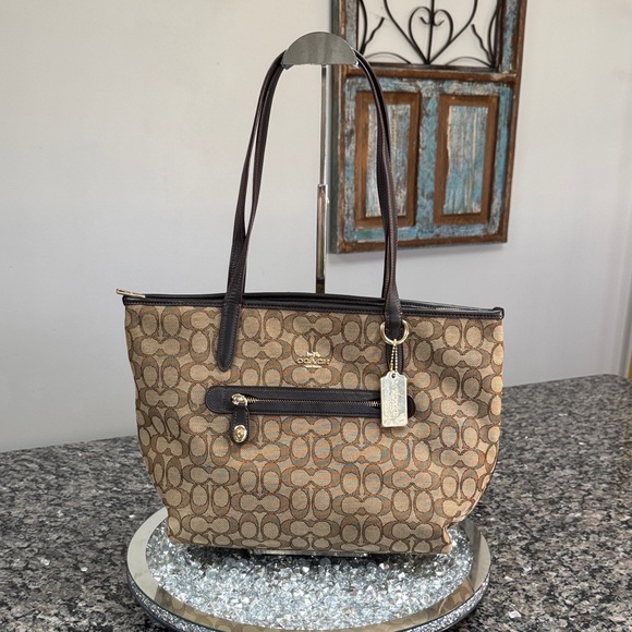 Coach Handbags - Coach Brown Signature Canvas Tote with Dark Brown Trim EUC